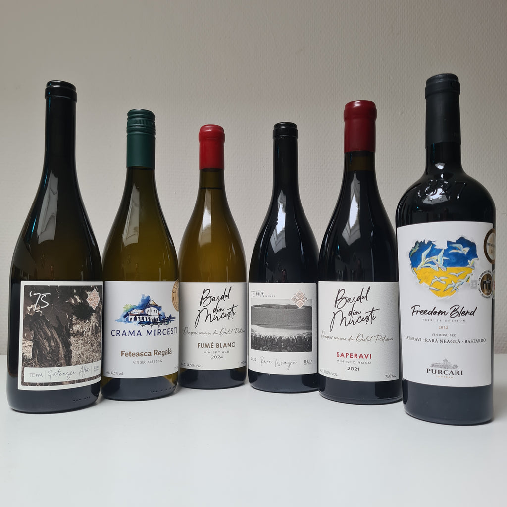6 flessen wijn uit Moldavië Freedom Blend Purcari Winery , Fumé Blanc , Feteasca Regala van wijnmaker Crama Mircesti en Rara Neagra en Feteasca Alba van wijnmaker Tewa wines