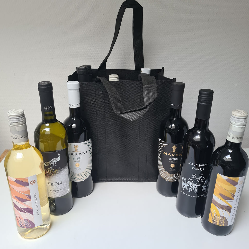 Wijnpakket gemengd : 3 flessen wit & 3 flessen rood incl. Wijntas