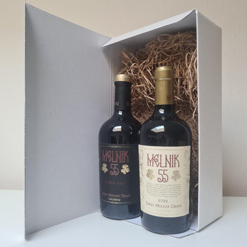 Wijndoos Bulgarije met 2 flessen rode wijn uit Bulgarije van Logodai Winery.
1 fles Melnik 55 en 1 fles Melnik 55 reserve.