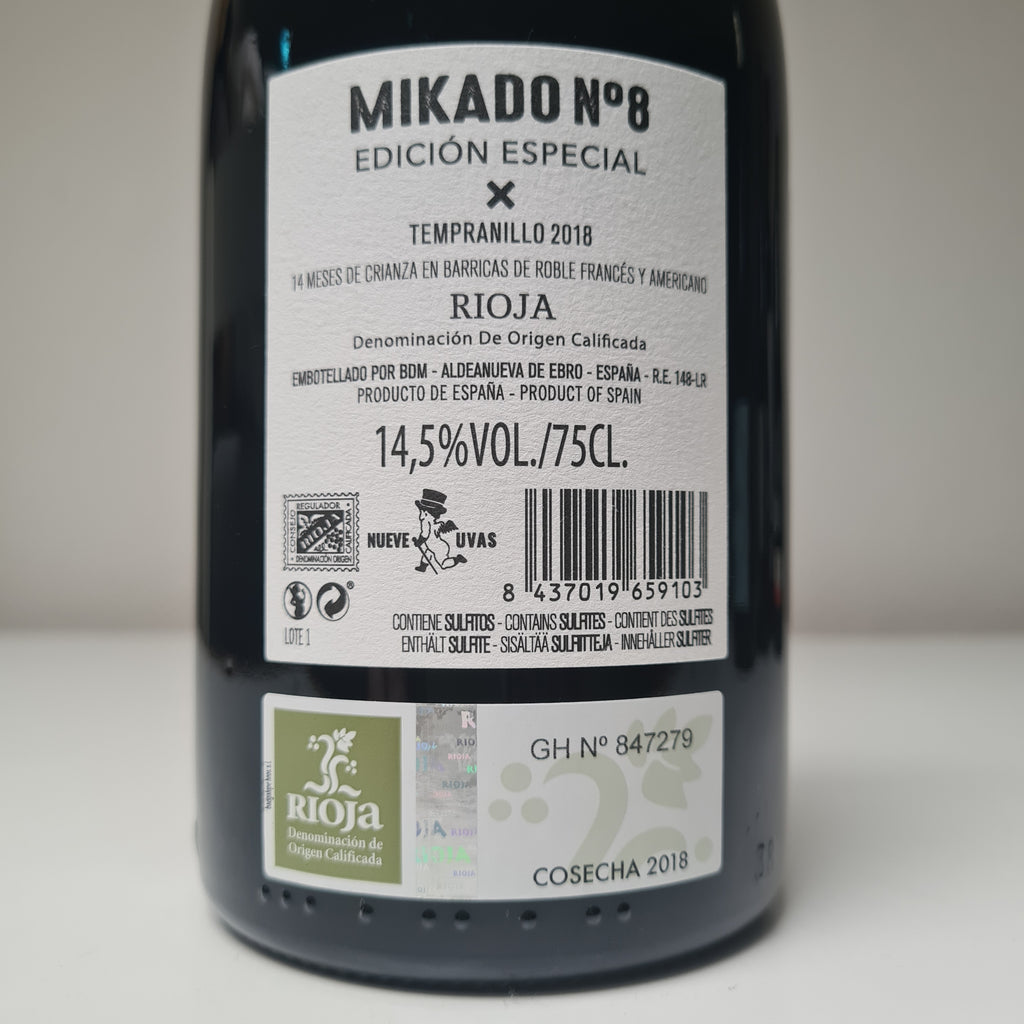 achterzijde Etiket Mikado nr 8 Rioja 