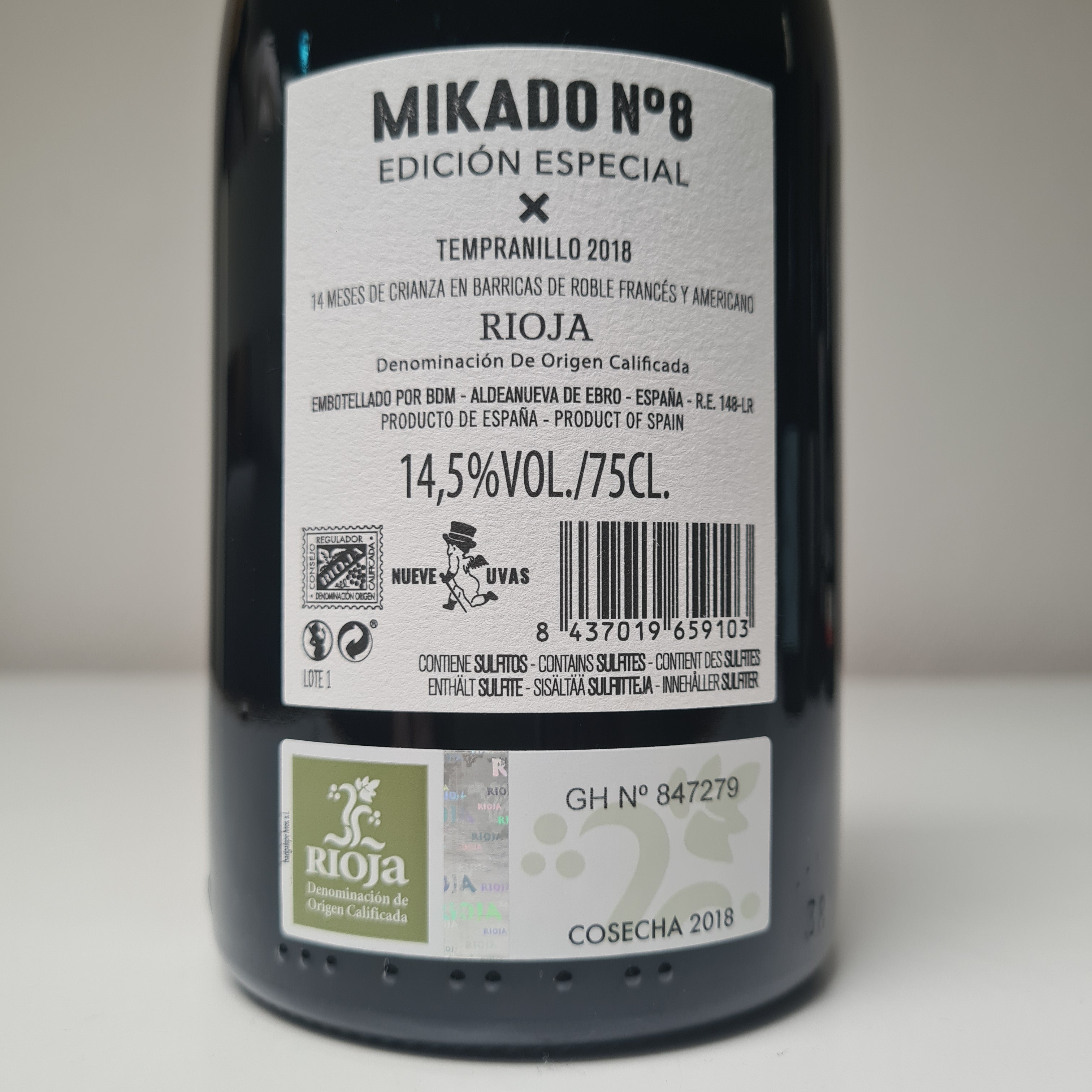 achterzijde Etiket Mikado nr 8 Rioja 