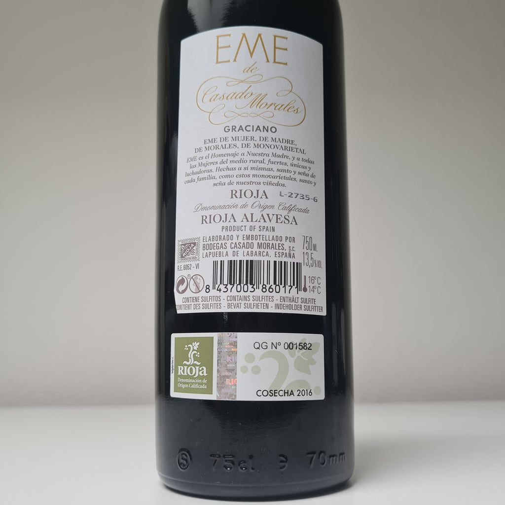 achterzijde etiket Rioja Casado de Morales Graciano 2016 Eme