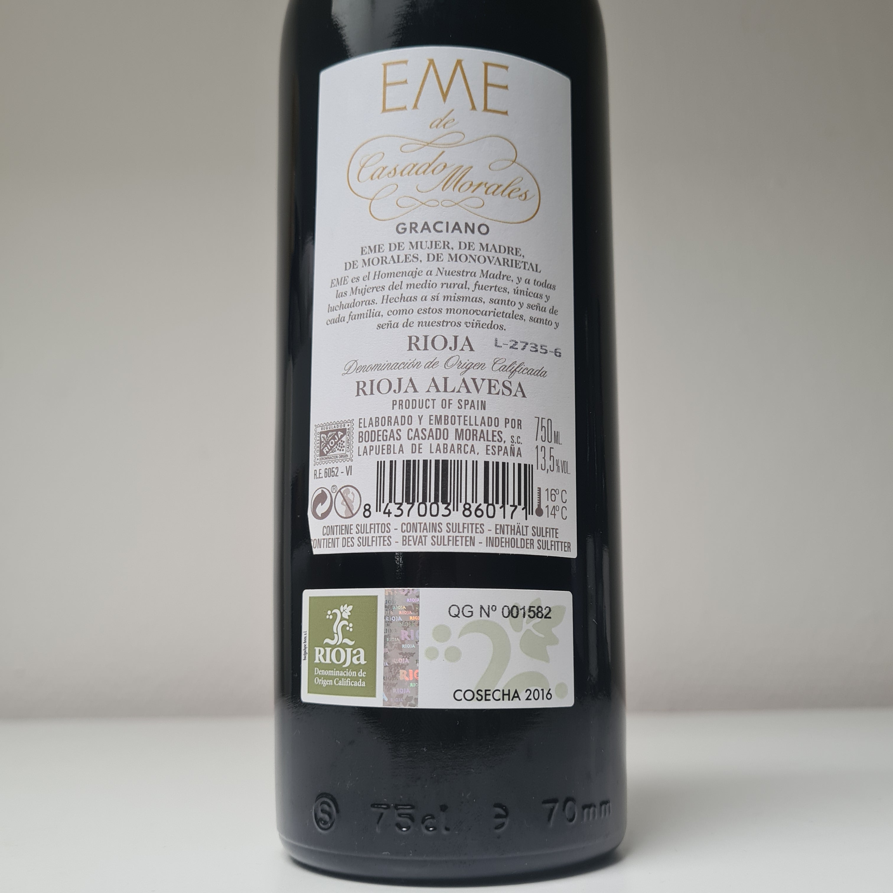 achterzijde etiket Rioja Casado de Morales Graciano 2016 Eme