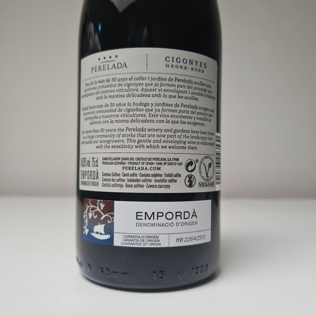 Etiket achterzijde Perelade Cigonyes Negre spaanse rode wijn