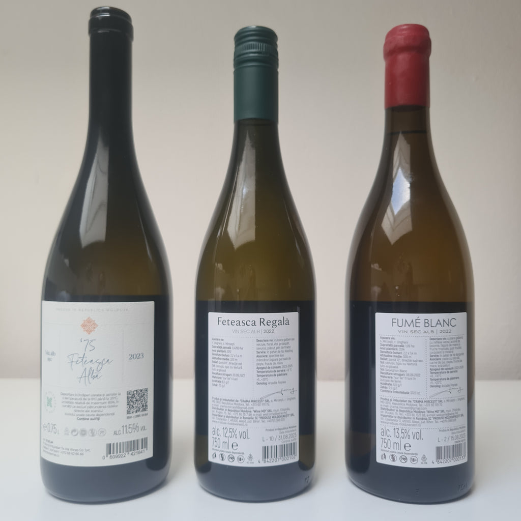 3 flessen witte wijn Feteasca Alba Tewa Wines Fumé Blanc Crama Mircesti en Feteasca Regala Crama Mircesti