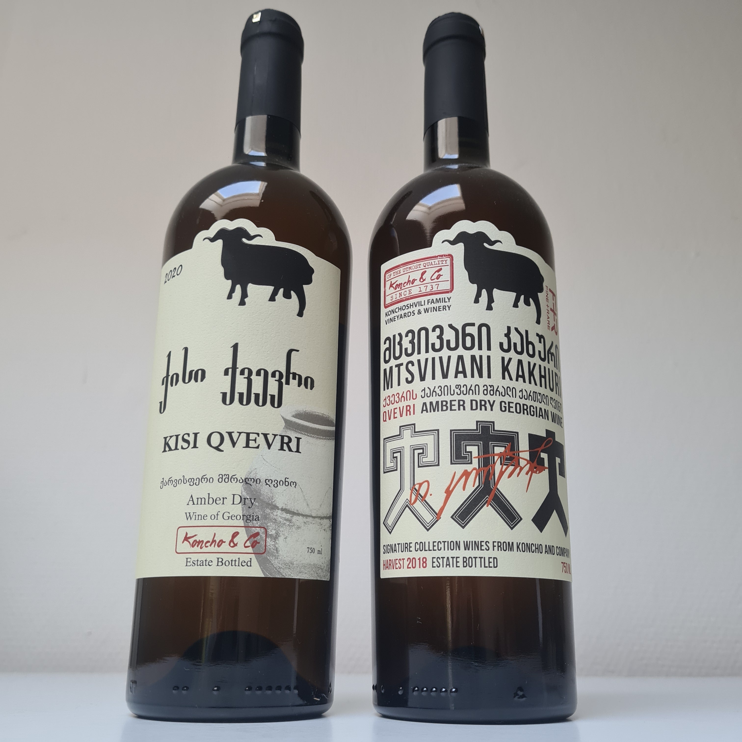 2 flessen oranje wijn amber wine uit Georgië Mtsvivani Kakhuri en Kisi Quevri wijnen van wijnmaker Koncho & Co 