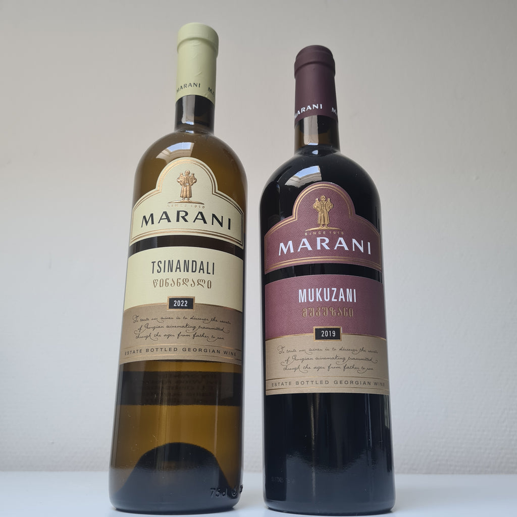 2 flessen wijn uit Georië 
Tsinandali witte wijn van wijnmaker Marani  en
Mukuzani Saperavi rode wijn van wijnmaker Marani 